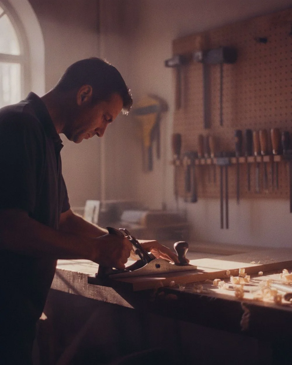 Handwerker arbeitet konzentriert an einem Holzstück in seiner Werkstatt